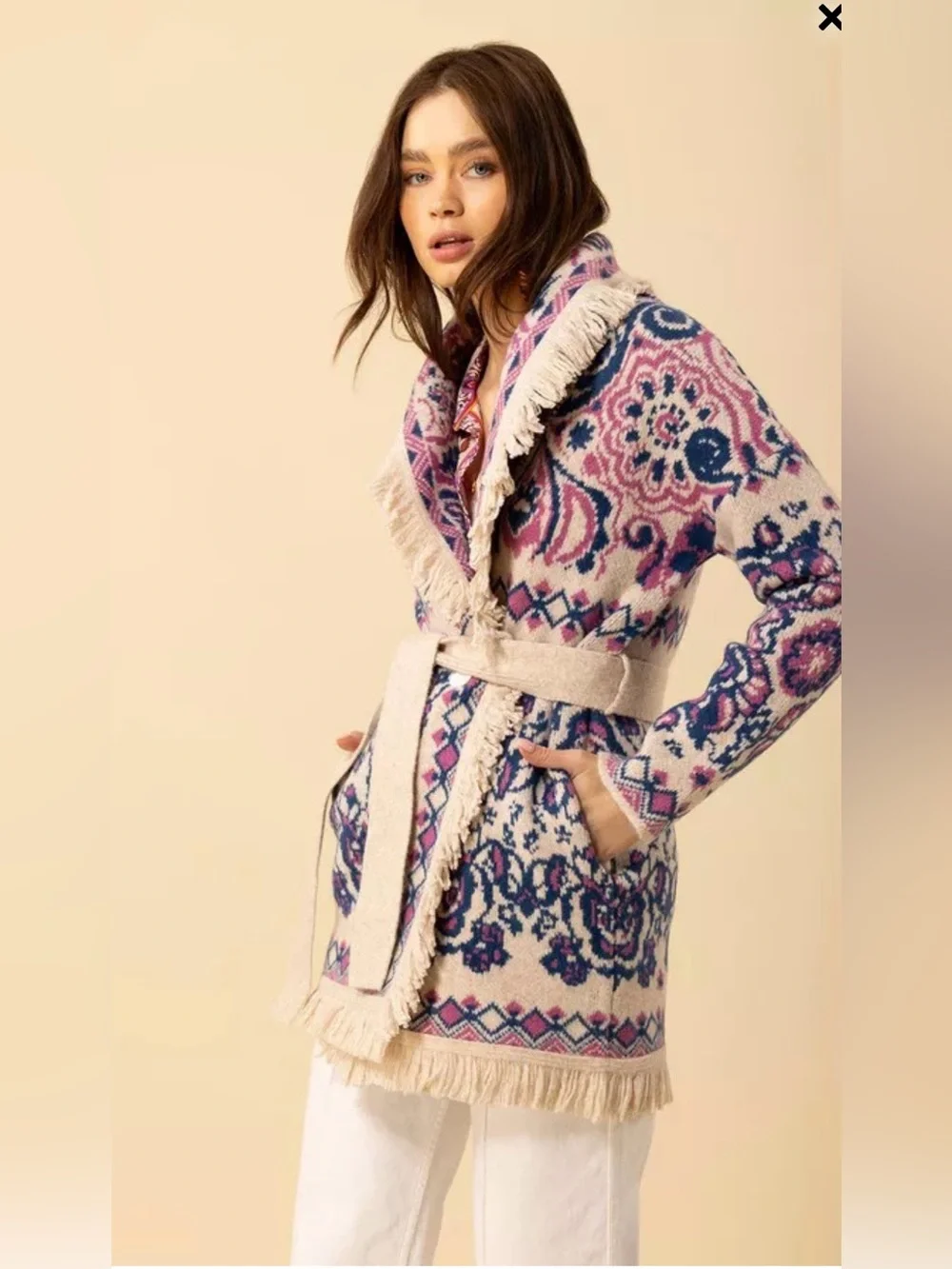 Hale Bob Sweater Jacket S Fringed HaisleyPink Blue Spectacular Cardigan